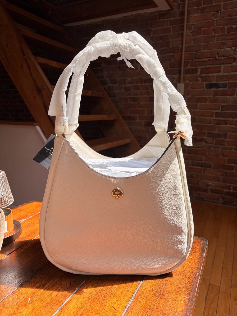 kate spade Cream Pebbled Leather Shoulder Bag with Gold Spade Accent